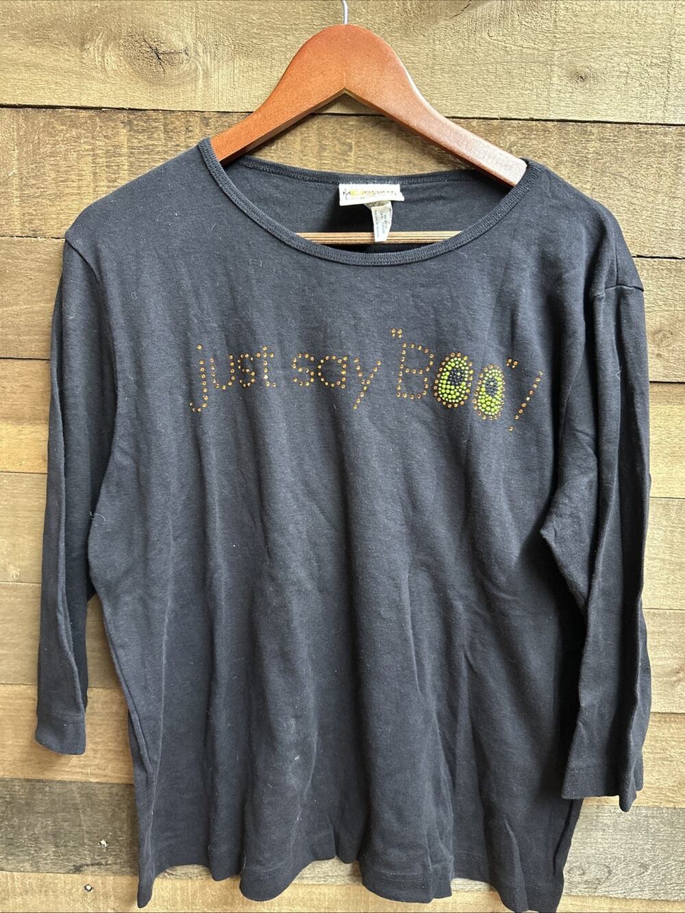Vintage Morning Sun T-Shirt for Halloween Adult XL Rhinestone "just say BOO!"